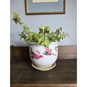 Handmade Pottery Planter Studio Pottery Pink and Green Flower Pattern Gray Glaze